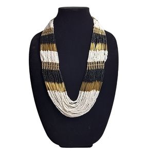 African Handmade Beaded Necklace White, Gold, Black 15.5 Inches‎ + 3.5 Ext
